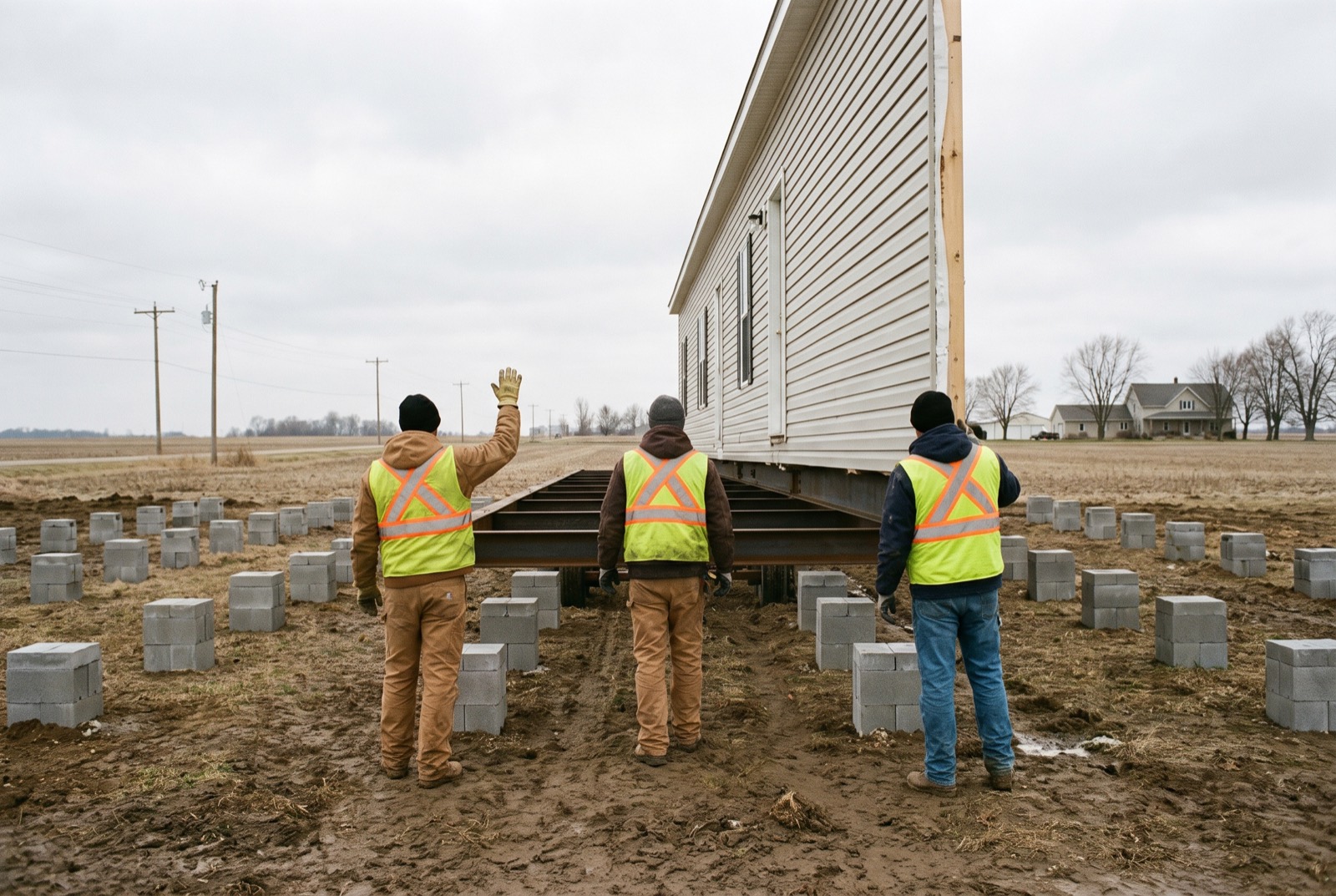 A crew guiding half of a manufactured home onto block piers