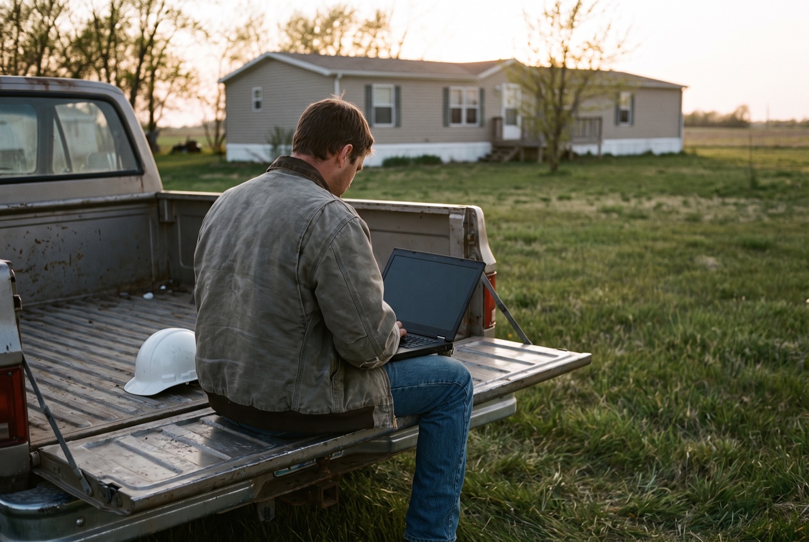 An engineer working on a laptop on a truck tailgate beside a manufactured home