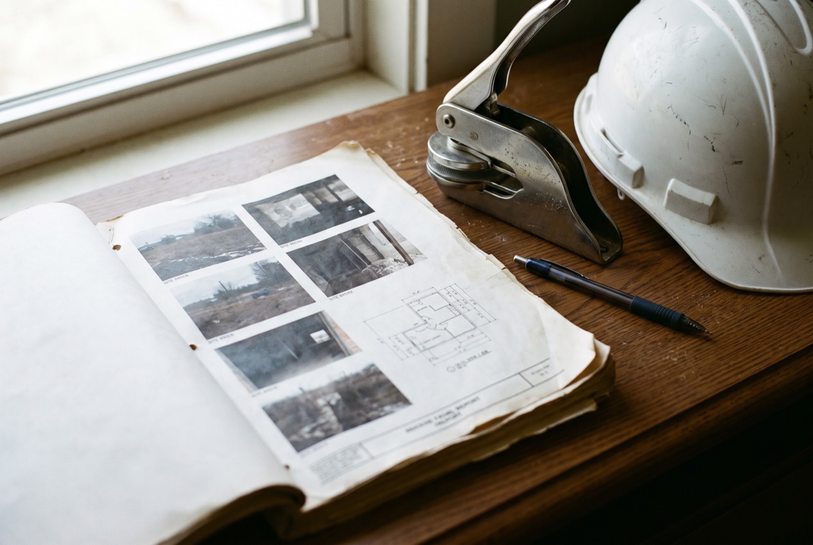 An engineering report open on a desk beside an embossing seal and a hard hat